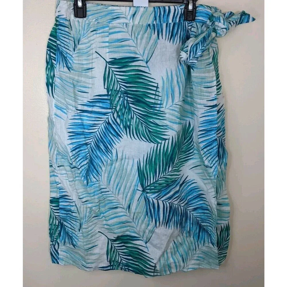 Tahari Midi Wrap Skirt 100% Linen Palm Leaves Tropical Vacation Elastic Back XL